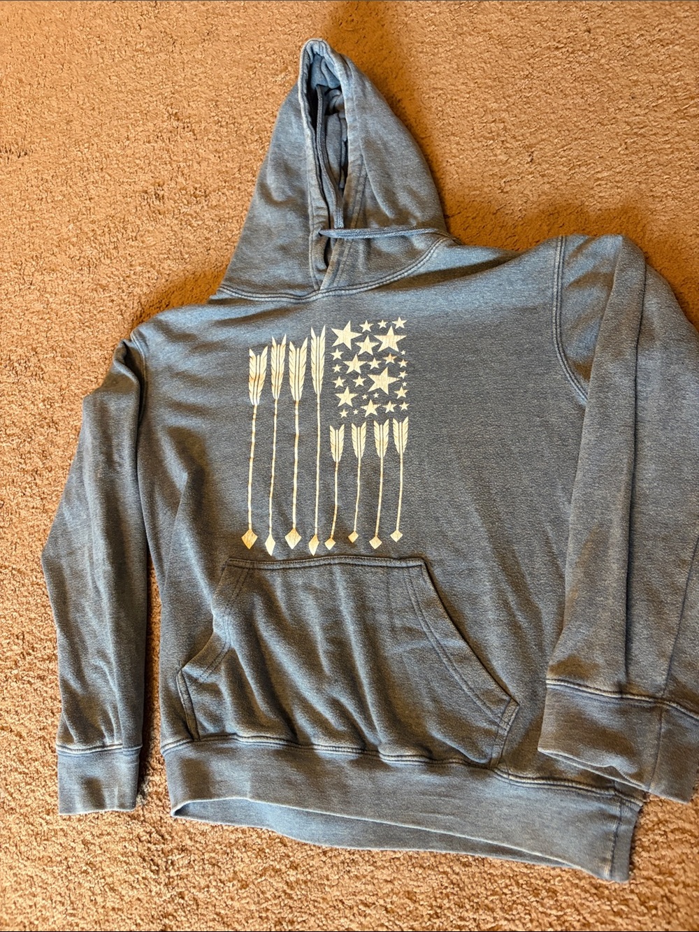 Womens Blue Hooded Pullover Sweatshirt with Arrow Flag Graphic